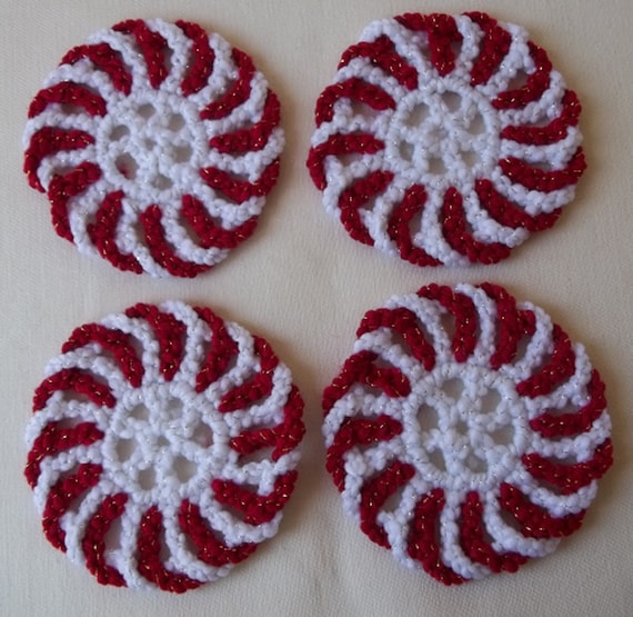 Peppermint Coasters Crochet Red White Swirl Christmas Decor Holiday Table