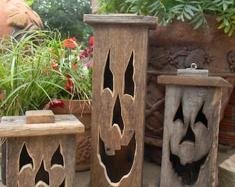 Wood lantern, made with rustic worn wood, Jack-O-Lantern for Halloween/ Fall Art decor for the patio or front porch by artist Bill Miller