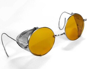 Steampunk Goggles Vintage WILLSON AMBER TINT Steam Punk Glasses Perforated Metal Side Shields 1900's Burning Man - Steampunk by edmdesigns