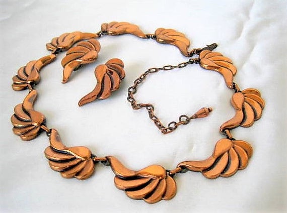 Renoir Necklace Earrings, Vintage Copper Renoir, Enamel on Copper