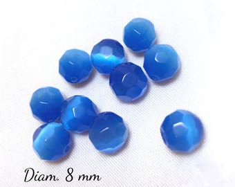10 glass beads faceted - 8 mm - blue Caribbean cat - eye