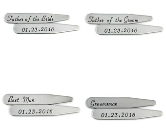 CUSTOM WEDDING PARTY Mens Gifts Hand Stamped Collar Stays - Set of Four Gifts