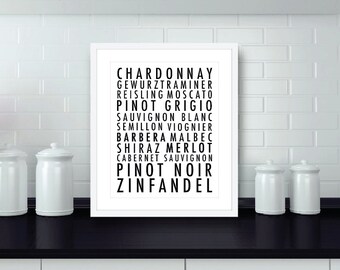 Types Of Wine Art Print - KitchenTypography Poster - Wine Wall Art - Wine Lover
