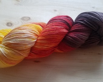Hand Dyed, Indie Painted Superwash Merino Wool and Nylon Blend Fingering Weight Sock Yarn Yellow Orange Red- BONFIRE