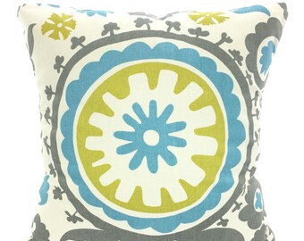 Blue Gray Pillow Covers, Decorative Throw Pillows, Cushions Grey Citrine Aqua Cream Suzani Euro Sham, Couch Bed Sofa One or More ALL SIZES