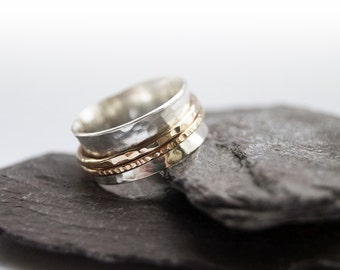 Gold Filled Two Band Sterling Silver Spinner Ring ~ fidget ring, unisex, anxiety ring, spinning, worry meditation, hammered, gold filled