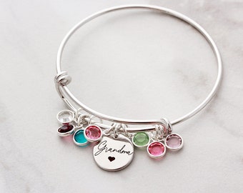 Birthstone Charm Bracelet - Personalized Gift, Custom Birthstone Bracelet, Engraved Bracelet, Personalized Gift for Mom, Custom Gift Grandma