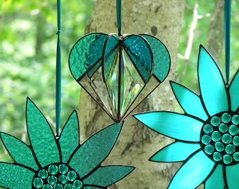 Stained Glass Heart Turquoise, Stained glass suncatcher, Heart Ornament,Bevel Heart, Turquoise Heart, Heart Suncatcher, Wedding Gift