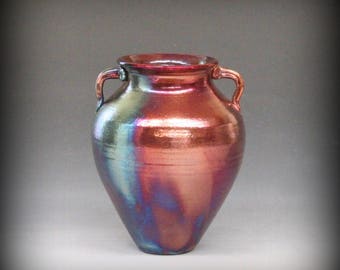 Rku Vase with Handles in Metallic Iridescent Colors