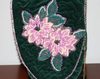 Hand Beaded Purse Lavender Flowers on Green Velour