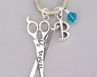 Personalized hairdresser keyring, handmade hairstylist keychain, scissors and comb key ring, initial charm, cosmetology, beautician, crystal
