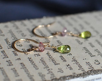 Mystic Pink Topaz and Peridot Wire Wrapped Earrings