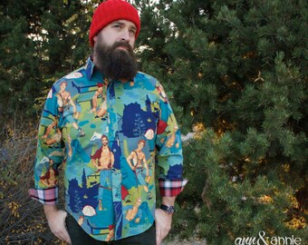 Outdoorsman Appreciation: Men's Button-Up Shirt, Large/X-Large, Long Sleeve, Outdoorsy Type Cotton Fabric