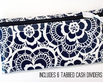 Navy lace laminated cotton cash wallet with tab dividers for Dave Ramsey budget