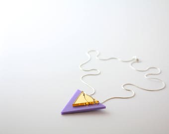 Triangle Pendant - Lilac & Gold Mirror - Laser Cut Acrylic on Silver Snake Chain Necklace