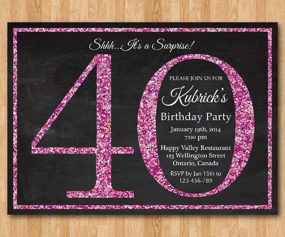 40th birthday invitation for Women. Pink Glitter Birthday