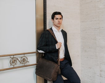 Leather Messenger Bag, Minimalist Bag, Messenger Bag, Men's Messenger Bag, Briefcase, 15" Laptop Bag, Father's Day Gift | Warren - Chestnut