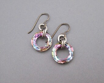 Crystal Dangle Earrings, Swarovski Crystal Earrings, Crystal Hypoallergenic Earrings, Pastel Earrings, Round Crystal Earrings, Pink Crystal