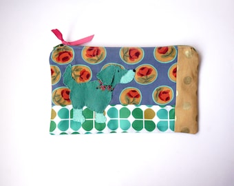 Zipper Pouch, 5.25x8.75" in blue, green, teal, gold and red floral print fabric with Handmade Felt Dog Embellishment, Setter Zipper Pouch