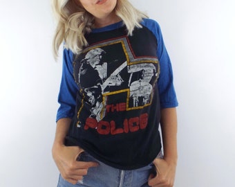 Vintage 80s Distressed Black and Blue The Police Baseball Tee