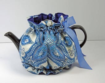 Blue Paisley Snuggie Tea Cozy, with Bottom - 8 cup teapot / Ruffle design tea cozy / teapot cozy / tea cozy / teapot cosy / tea cosy