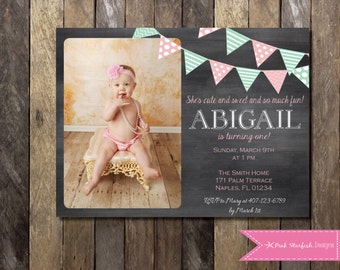 Chalkboard Birthday Invitation with Picture, Chalkboard First Birthday Invitation, First Birthday, Printable Invitation, Shabby Chic