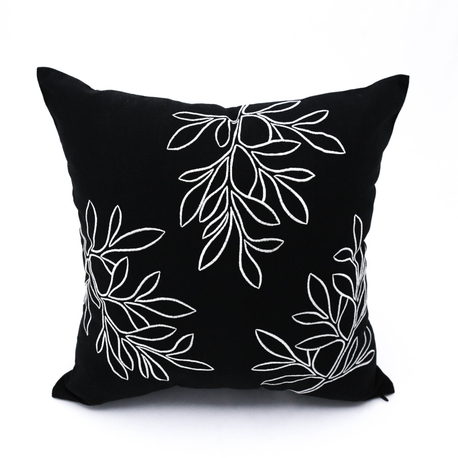 Leaf Pillow Cover Floral Pillow Case Black Linen Off White