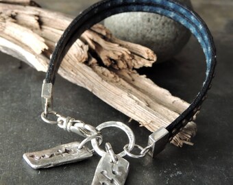 Two Strand Studded Leather Bracelet, Southwestern Artisan Silver Charms, Leather Cuff Bracelet, Stacking Bracelet, Urban Rustic Jewelry