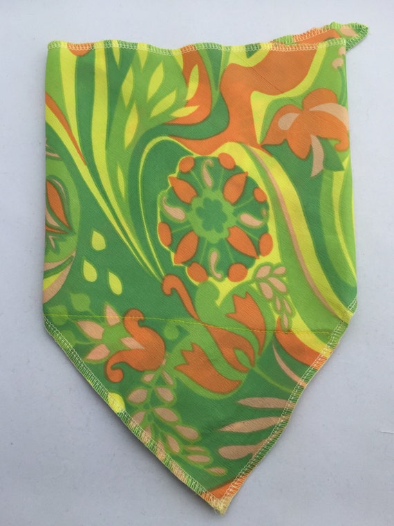 This is Vintage: Stash pocket bandana w/ uber-unique vintage 70's yellow, green, pink salmon, orange trippy flower print