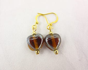 Heart Earrings/Glass Earrings/Brown Earrings/Gold Earrings/Dangle Earrings/Handmade Earrings/Glass Jewelry/Boho Jewelry/Simple Earrings