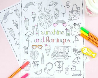 Printable coloring page "Sunshine&flamingos",adult coloring page,printable colouring page,coloring pages for adults,adult coloring download