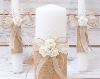 Rustic Wedding Candles Rustic Unity Candle Set Wedding Unity Candle Wedding Unity ideas Wedding Candles with Burlap Linen Roses lace
