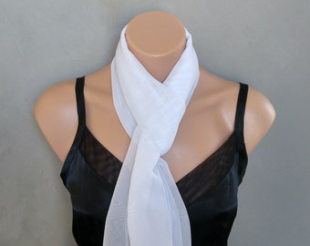 White Scarf, Embroidered Scarf, White Skinny Scarf, Sheer Chiffon Scarf, White Sheer Scarf, White Chiffon Scarf, Scarf Embroidered