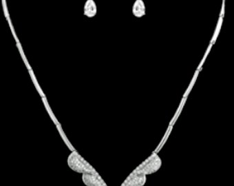 New Art Deco CZ Marquis Crystal & Rhinestone Necklace and Pierced Earring Set