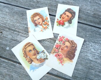 Vintage Antique 1940/1950 batch of 4 colored postcard/women portrait
