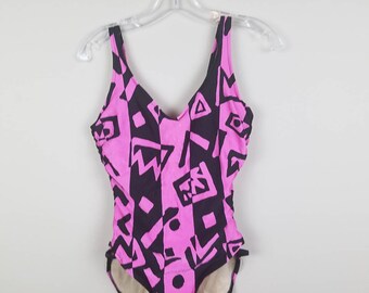 Vintage 80s one piece - pink and black swimsuit - vintage one piece swimsuit - vintage bathing suit - abstract design swimwear
