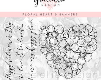 Floral Heart & Banners Digital Stamps