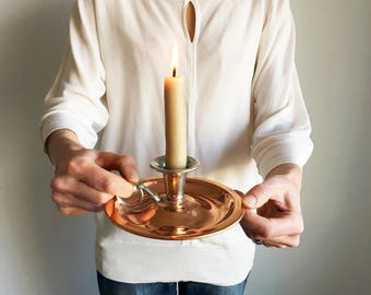 Vintage Candlestick Holder/Copper Candleholder/Flemish Copper and Silver Candleholder/Drip Tray/Handled Candlestick Holder/BP Co Canada