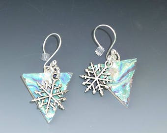 Glass Holiday Earrings, Snowflake Earrings, Dichroic Fused Glass Drop Earrings - Ice Princess