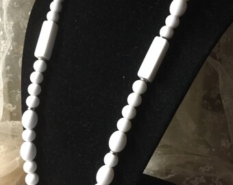 Lithe Lovely Brightest White Lucite Bead Necklace Unsigned Single Strand 1960’s 1970’s Round Rectangular Beads Silver Tone Spacers Feminine