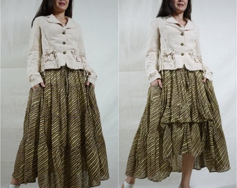 SALE - 2 In 1 Take Me to Your Heart...Steampunk Short Front/ Long back Tiered Brown Diagonal Stripe Light Cotton Skirt With 2 Roomy Pockets