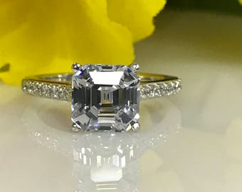 Moissanite Asscher Cut With Diamond Accents Engagement Ring 2.50ctw. Set In 14K White Gold #5142