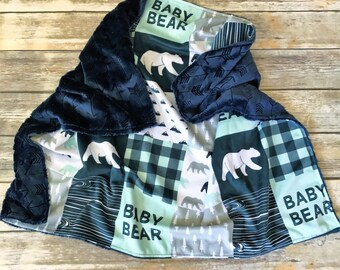 Baby Bear Minky Blanket- Navy Baby Boy Bedding- Baby Blanket- Woodland Nursery Blanket- Baby Boy- Baby Bear Blanket- Baby Boy Blanket