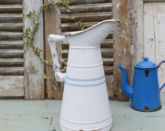 Large / French / Enamel / Pitcher / Enamel Pitcher / Jug / French Enamelware / French Vintage / Enamel Jug / Antique Enamelware /