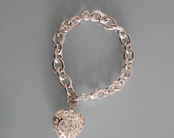 Heavy Sterling Silver Chain Bracelet, Silver Heart Bracelet