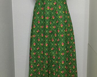 Vintage GREEN And Pink FLORAL Maxi Dress / 60s Sleeveless Pink Floral Dress / Handmade Dress / Empire Waist / Womens Large