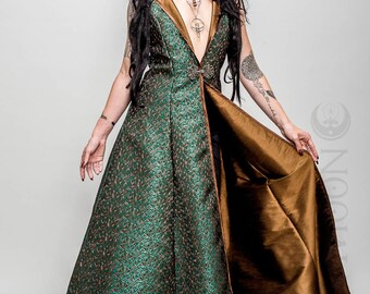 NEW: The Metallic Green "Abstract Triangles" REVERSIBLE to Gold Opera Vest Hooded Long Dress by Opal Moon Designs (Size S-XXL)