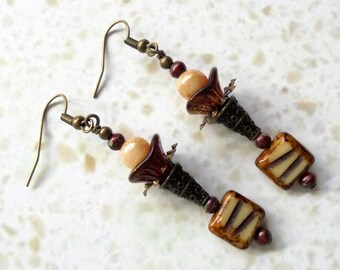 Ivory, Maroon and Brass Boho Flower Earrings (3438)