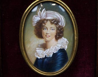 Exquisite French antique / vintage miniature portrait of a young lady, framed.