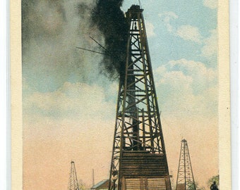 Oil Well Gusher Okmulgee Oklahoma 1930s postcard